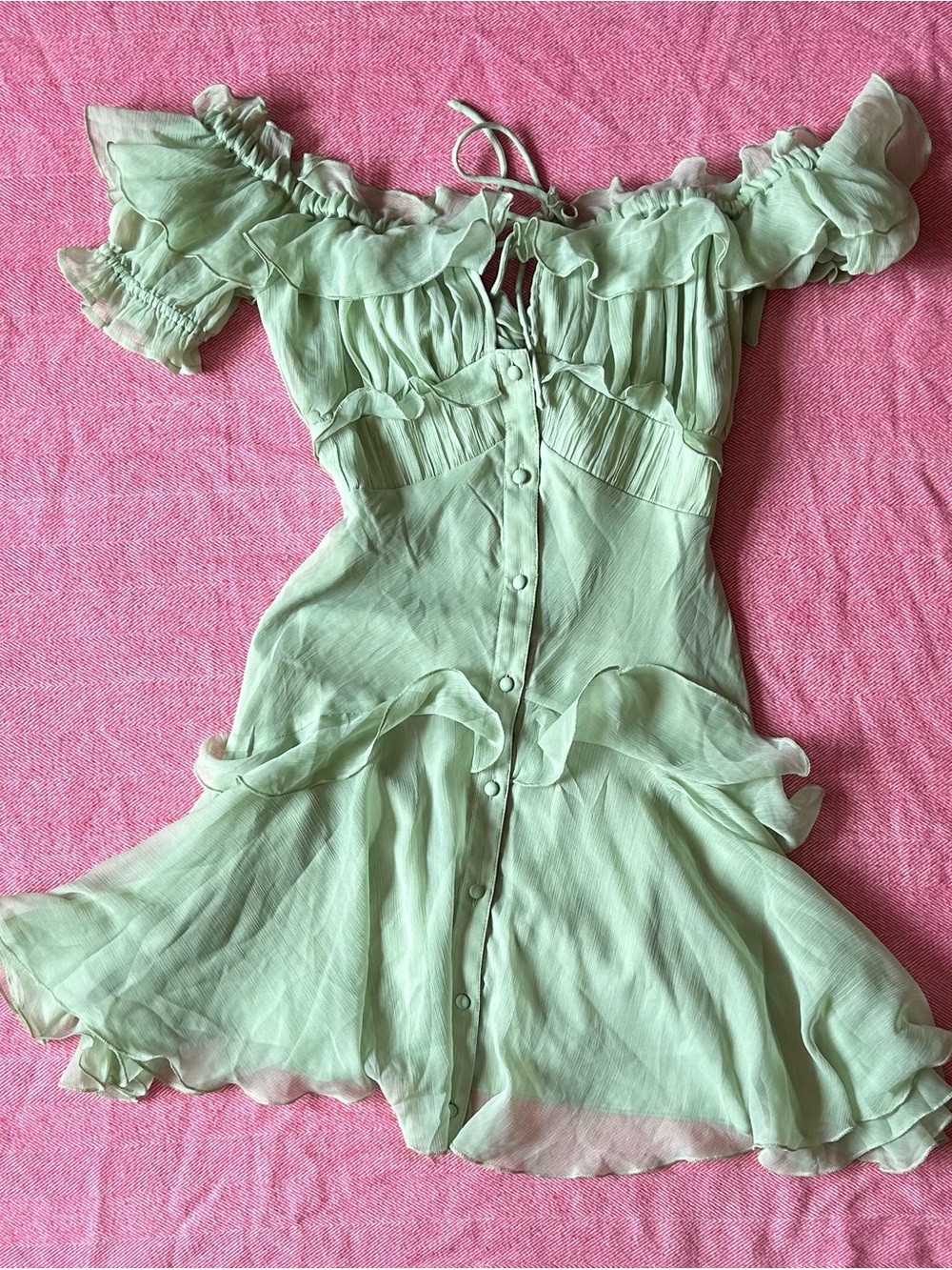 ASOS Sage Green Ruffle Off-Shoulder Mini Dress